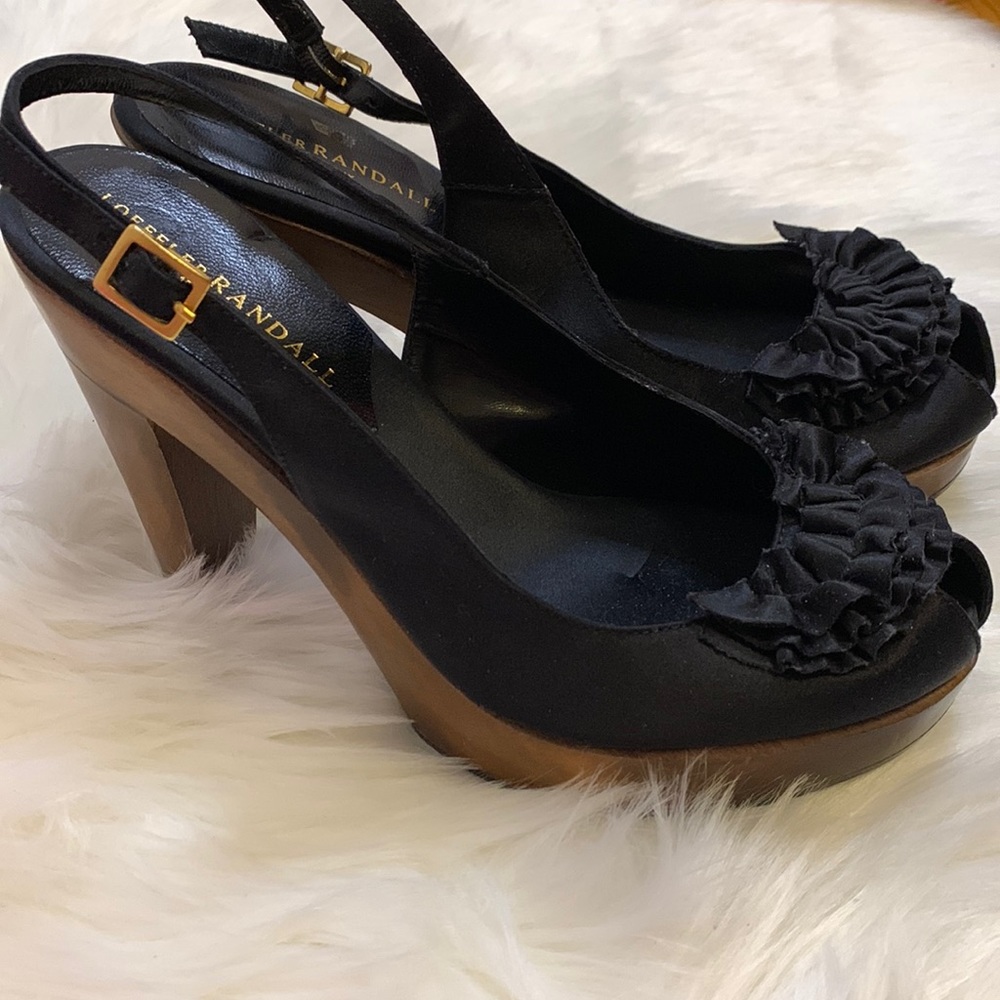 🆕 Loeffler Randall Made in Italy Slingback Black Satin and Wooden Heels